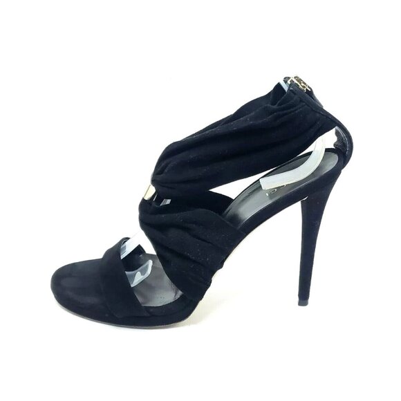 GUCCI High Heel Sandals Black Suede Strap Gold Logo Zip EU 39.5 US 9.5 - Picture 1 of 8